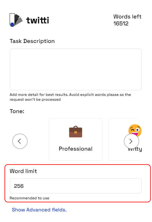 Visual representation of word limit control feature